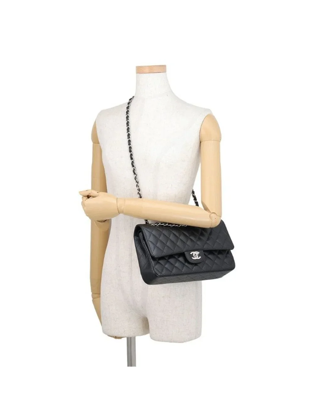 Chanel Chain Shoulder Bag Quilted 25 CC Logo Double Caviar Leather Black